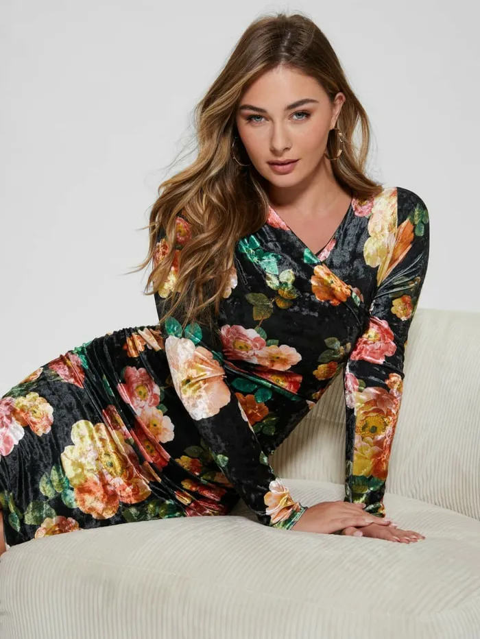 Dresses and Jumpsuits GUESS Women Eco Tess Velvet Dress Peony Charm Print Black Dresses and Jumpsuits GUESS Women Eco Tess Velvet Dress Peony Charm Print Black