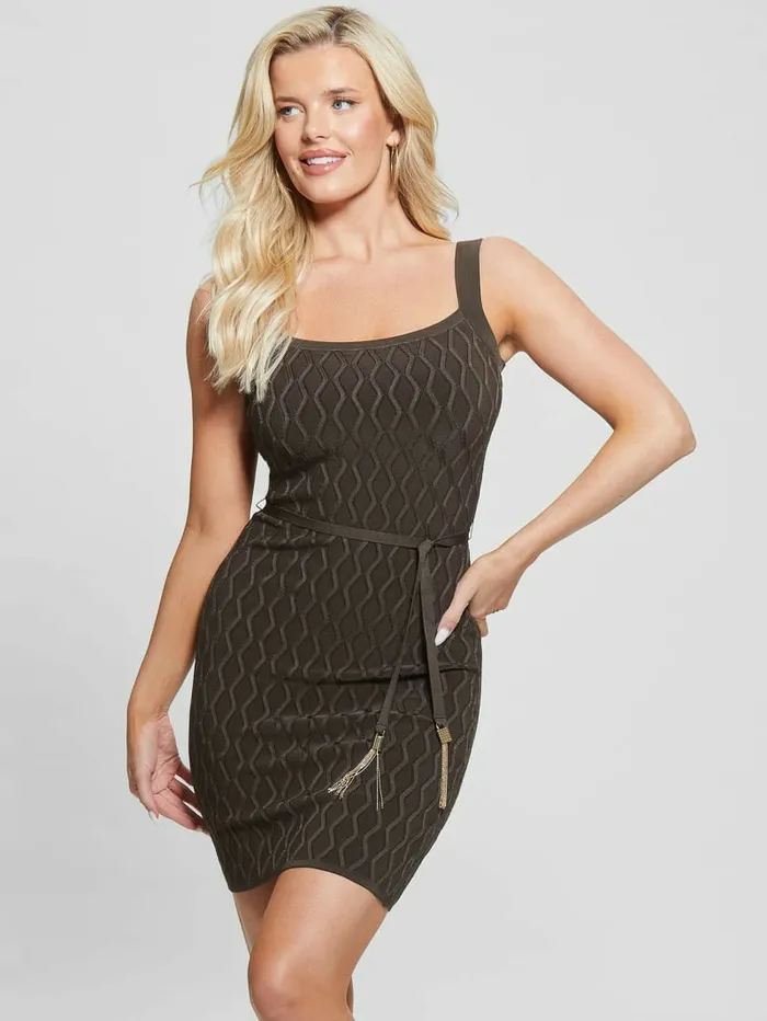 Dresses and Jumpsuits GUESS Women Genna Diamond Knit Sweater Dress Army Olive Multi