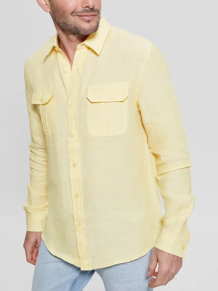 Eco Cristo Linen Military Shirt Butter Corn Multi Men Shirts GUESS