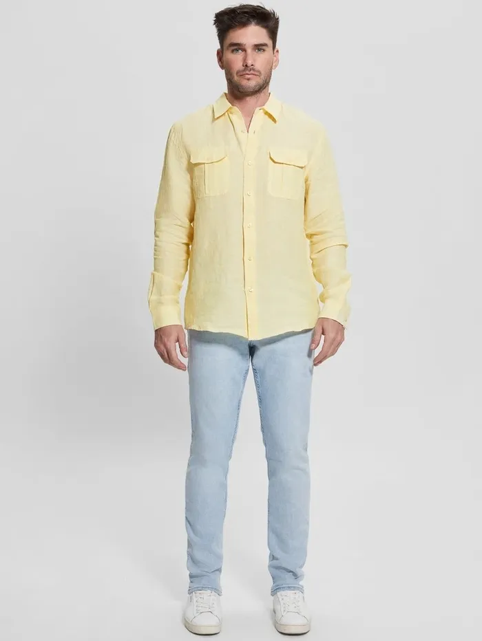 Eco Cristo Linen Military Shirt Butter Corn Multi Men Shirts GUESS Eco Cristo Linen Military Shirt Butter Corn Multi Men Shirts GUESS