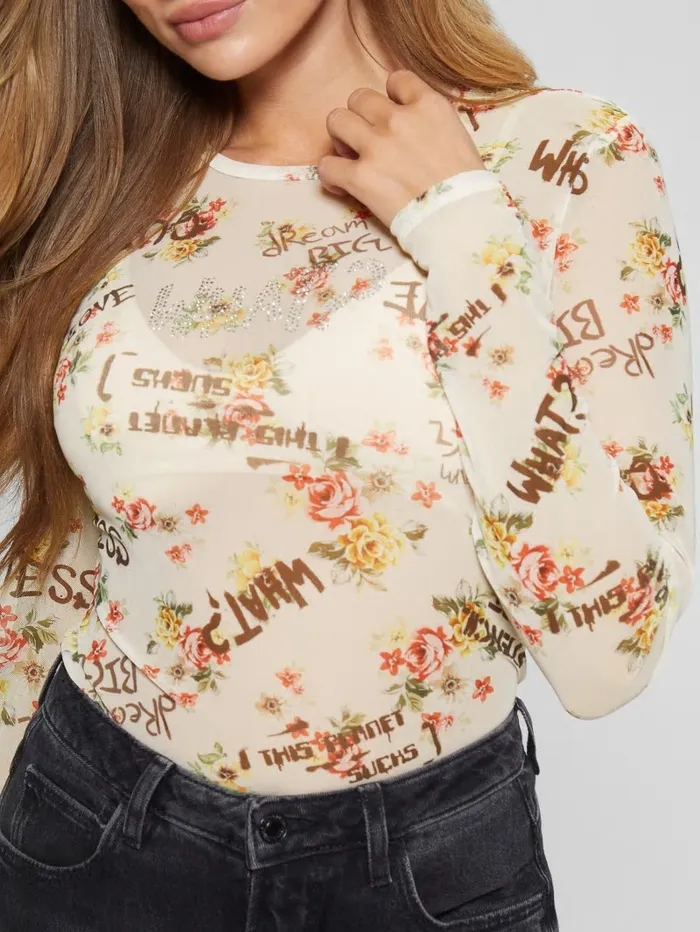 Floral Graffiti Mesh Top Tagged Roses Print Women Tops GUESS Floral Graffiti Mesh Top Tagged Roses Print Women Tops GUESS