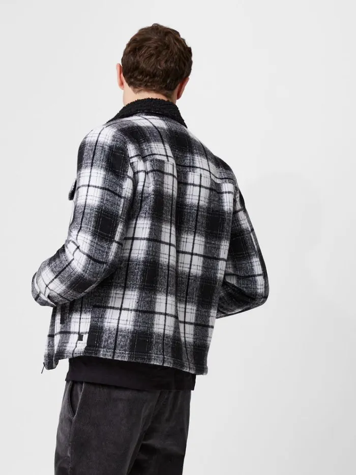 French Connection Coats and Jackets Borg Collar Checked Jacket Black White 8211 Man