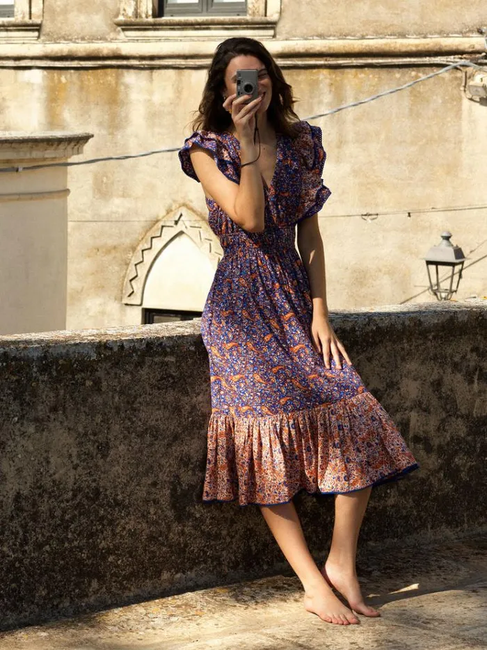 French Connection Dresses Anathia Blaire Frill Midi Dress Royal Bluepeach 8211 Woman French Connection Dresses Anathia Blaire Frill Midi Dress Royal Bluepeach 8211 Woman
