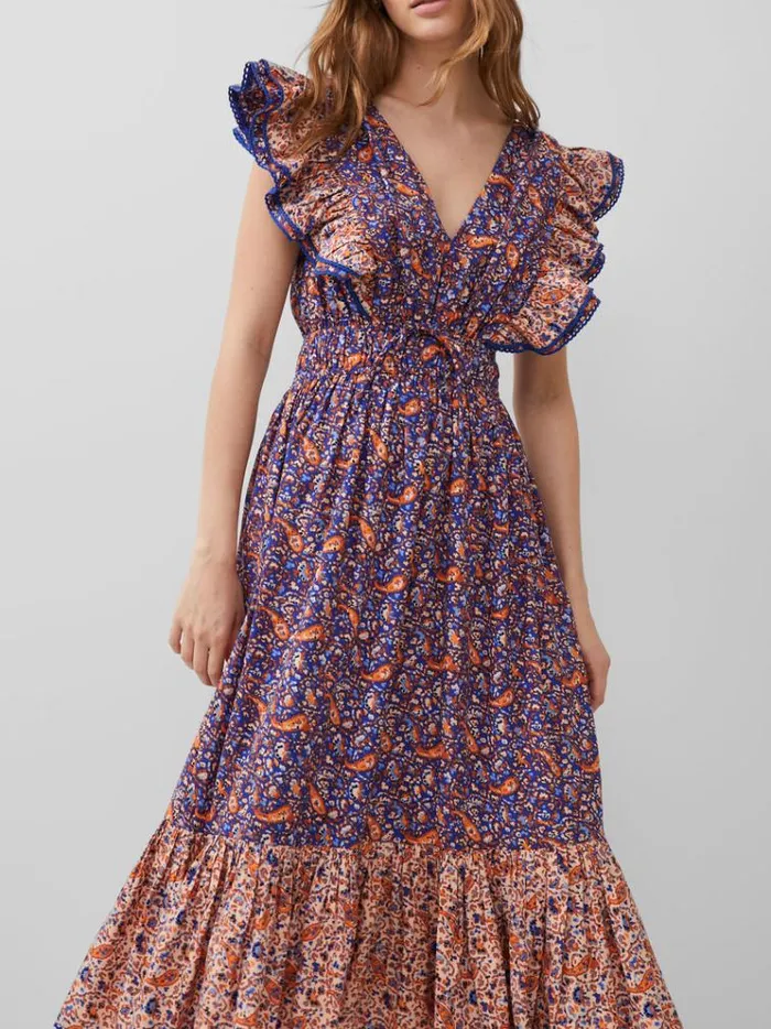 French Connection Dresses Anathia Blaire Frill Midi Dress Royal Bluepeach 8211 Woman