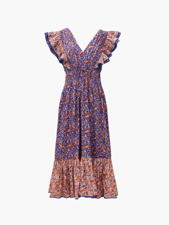 French Connection Dresses Anathia Blaire Frill Midi Dress Royal Bluepeach 8211 Woman