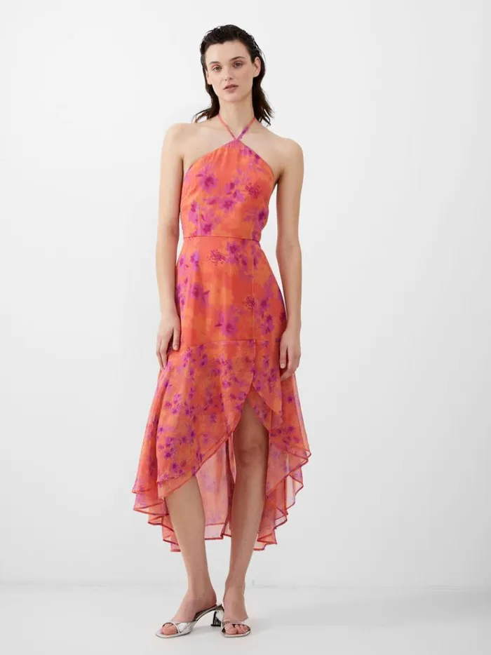 French Connection Dresses Arla Hallie Crinkle Ruffle Halterneck Dress Coral 8211 Woman