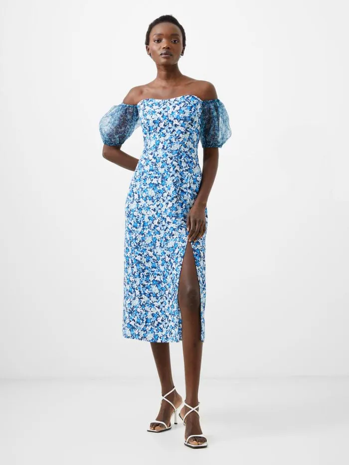 French Connection Dresses Clara Textured Puff Sleeve Midi Dress Midnight Blue Multi 8211 Woman French Connection Dresses Clara Textured Puff Sleeve Midi Dress Midnight Blue Multi 8211 Woman