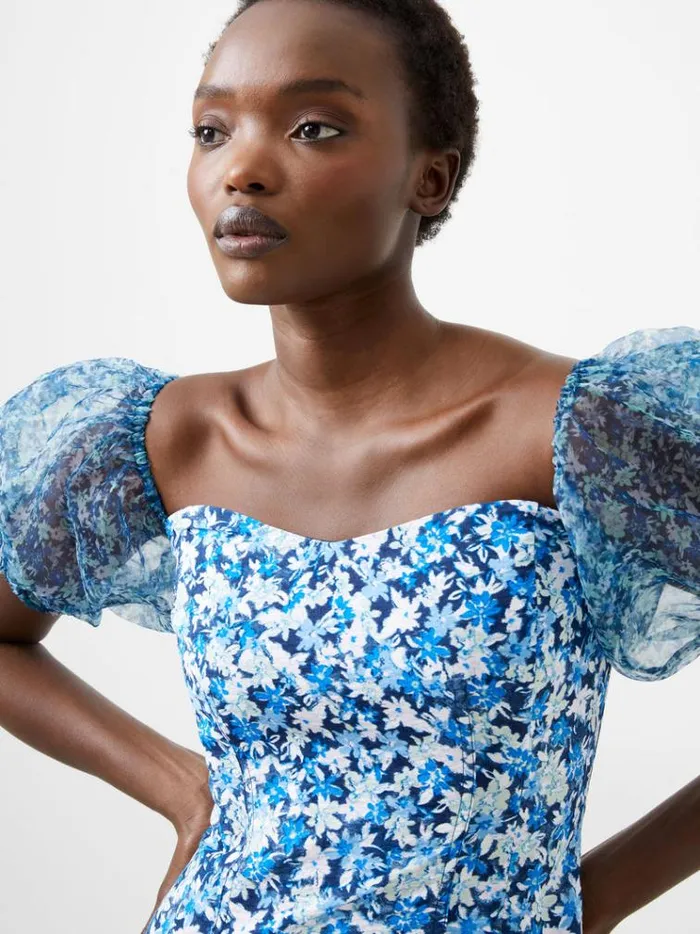 French Connection Dresses Clara Textured Puff Sleeve Midi Dress Midnight Blue Multi 8211 Woman