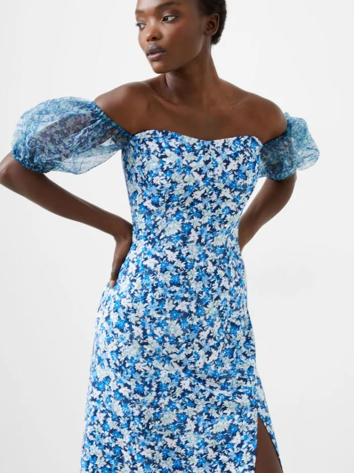 French Connection Dresses Clara Textured Puff Sleeve Midi Dress Midnight Blue Multi 8211 Woman