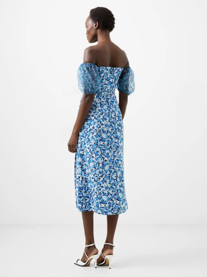 French Connection Dresses Clara Textured Puff Sleeve Midi Dress Midnight Blue Multi 8211 Woman