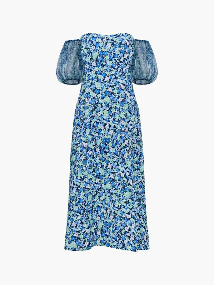 French Connection Dresses Clara Textured Puff Sleeve Midi Dress Midnight Blue Multi 8211 Woman