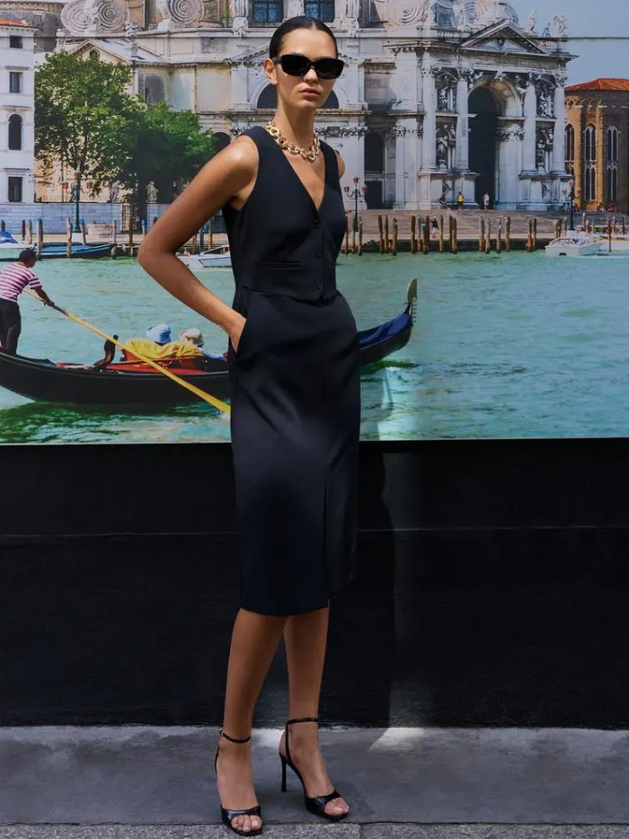 French Connection Dresses Gemma Twill Waistcoat Dress Blackout 8211 Woman