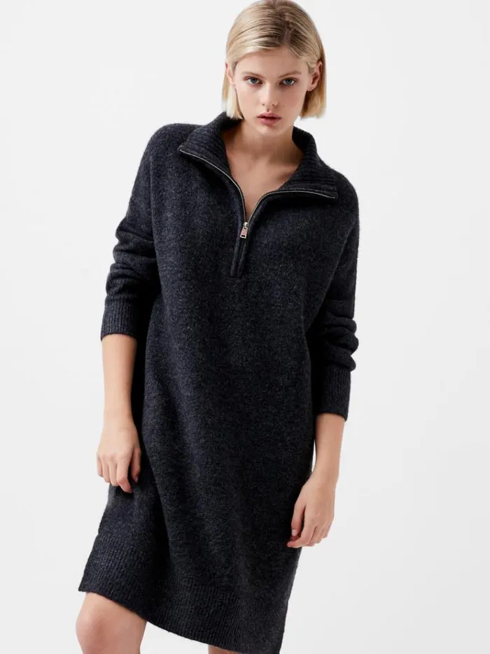 French Connection Dresses Maddox Half Zip Long Sleeve Knit Dress Charcoal Mel 8211 Woman