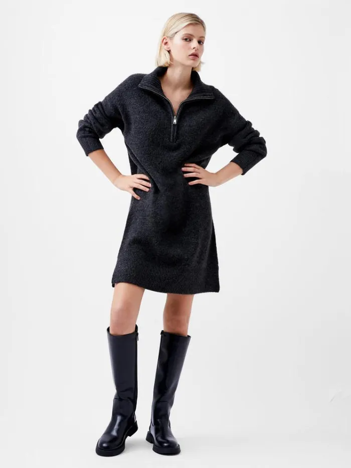French Connection Dresses Maddox Half Zip Long Sleeve Knit Dress Charcoal Mel 8211 Woman
