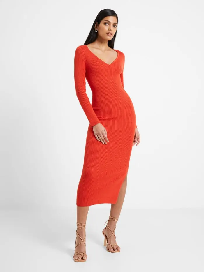 French Connection Dresses Mari Knit Midi Dress Mandarin Red Multi 8211 Woman
