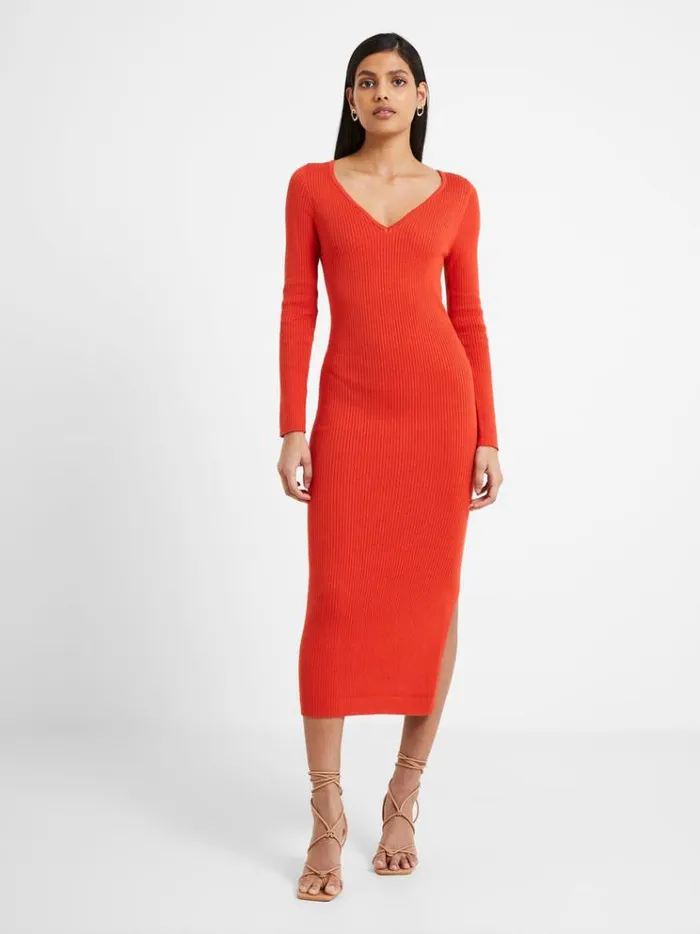 French Connection Dresses Mari Knit Midi Dress Mandarin Red Multi 8211 Woman