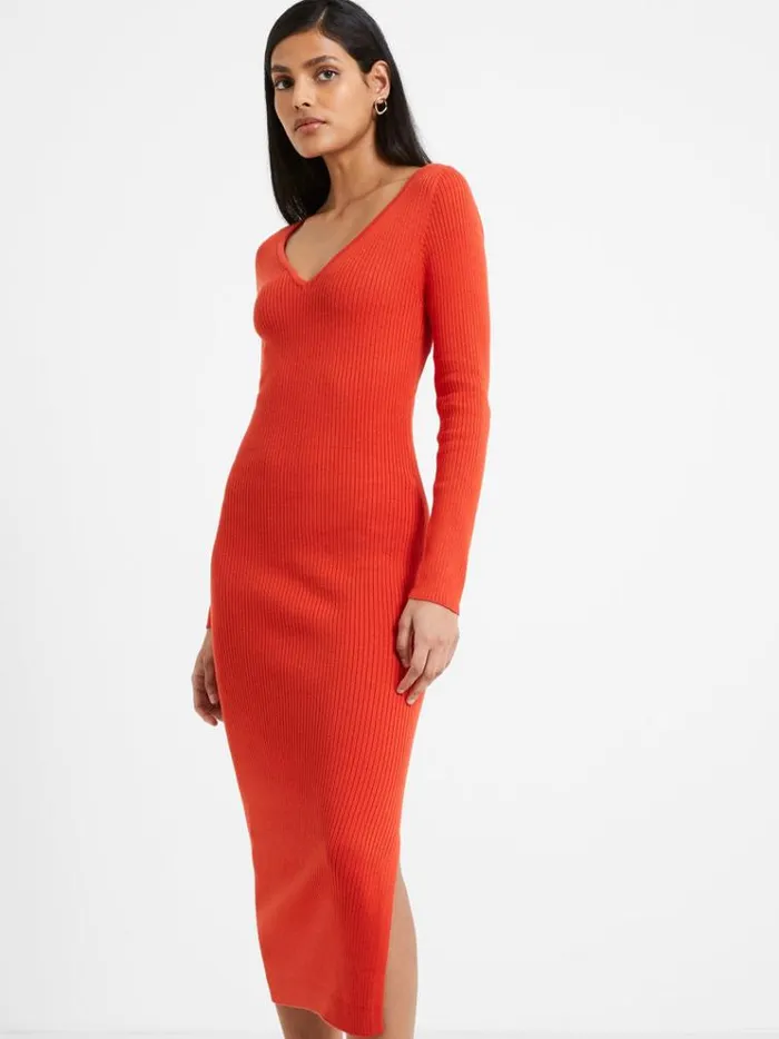 French Connection Dresses Mari Knit Midi Dress Mandarin Red Multi 8211 Woman
