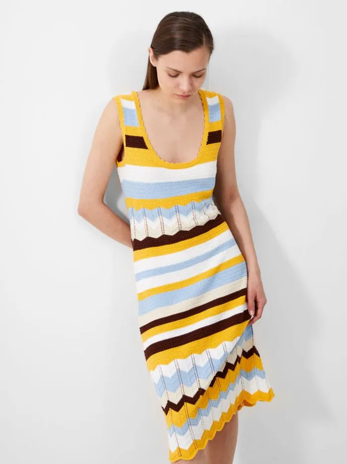 French Connection Dresses Nellis Cotton Striped Crochet Dress Bananacash Blue Mul 8211 Woman