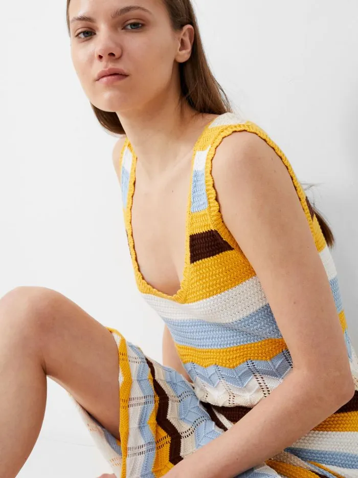 French Connection Dresses Nellis Cotton Striped Crochet Dress Bananacash Blue Mul 8211 Woman