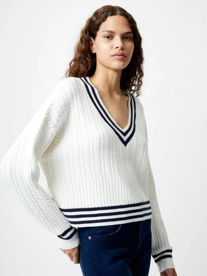 French Connection Jumpers and Cardigans Babysoft Cable VNeck Jumper Wnt Whtduch Blue 8211 Woman French Connection Jumpers and Cardigans Babysoft Cable VNeck Jumper Wnt Whtduch Blue 8211 Woman