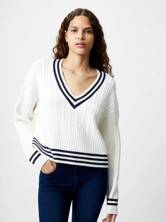 French Connection Jumpers and Cardigans Babysoft Cable VNeck Jumper Wnt Whtduch Blue 8211 Woman