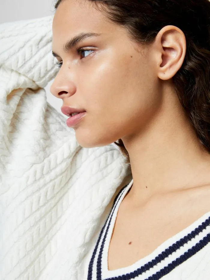French Connection Jumpers and Cardigans Babysoft Cable VNeck Jumper Wnt Whtduch Blue 8211 Woman