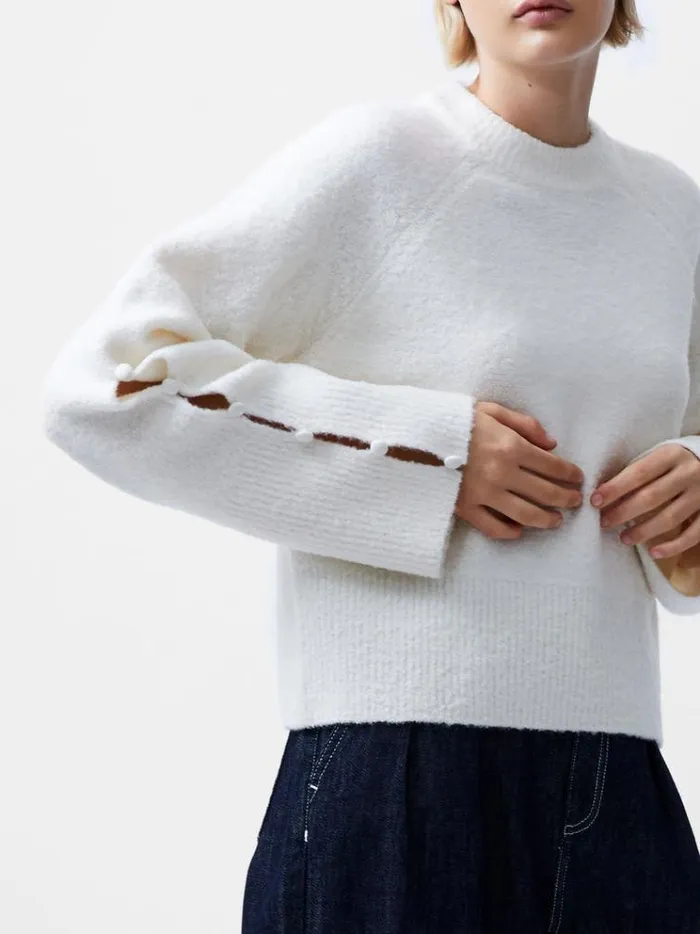 French Connection Jumpers and Cardigans Melissa Boucle Button Detail Sleeve Jumper Porcelain Cream 8211 Woman
