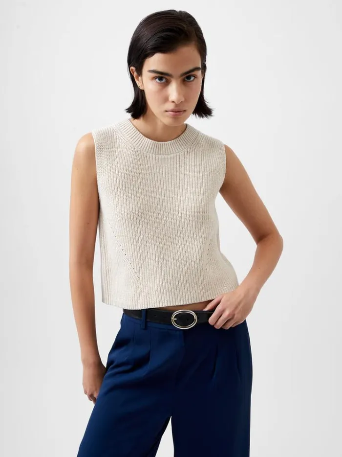 French Connection Jumpers and Cardigans Mozart Knit Crew Neck Sleeveless Vest Light Oatmeal Mel 8211 Woman