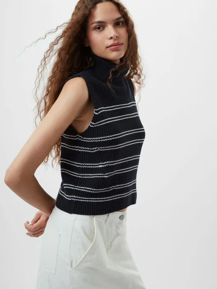 French Connection Jumpers and Cardigans Mozart Striped Cropped Sleeveless Jumper Midnightwinter Wht 8211 Woman
