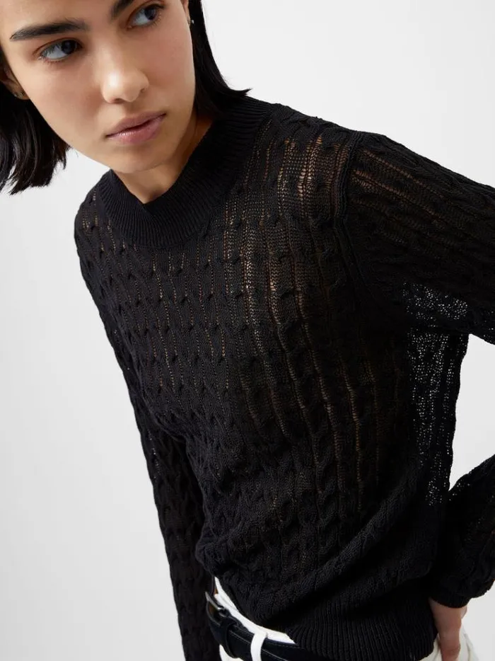 French Connection Jumpers and Cardigans Niko Open Knit Long Sleeve Jumper Blackout 8211 Woman