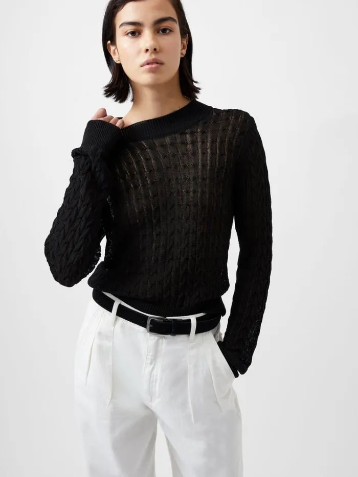 French Connection Jumpers and Cardigans Niko Open Knit Long Sleeve Jumper Blackout 8211 Woman