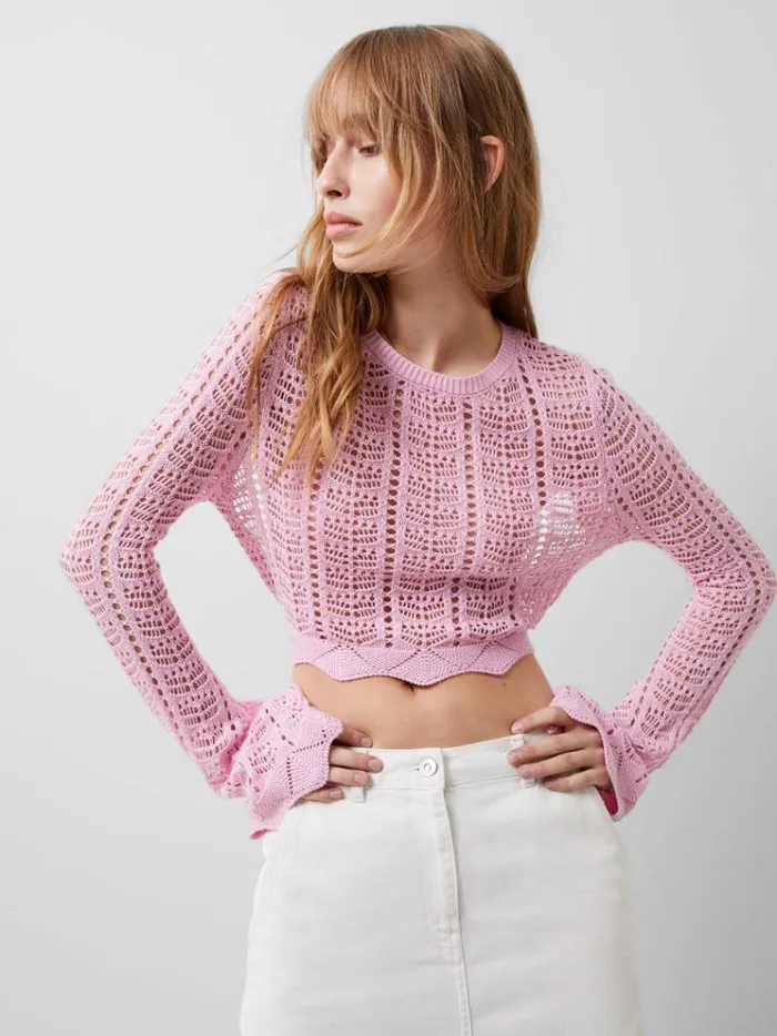 French Connection Jumpers and Cardigans Nolan Open Back Crochet Jumper Strawberry Shake 8211 Woman