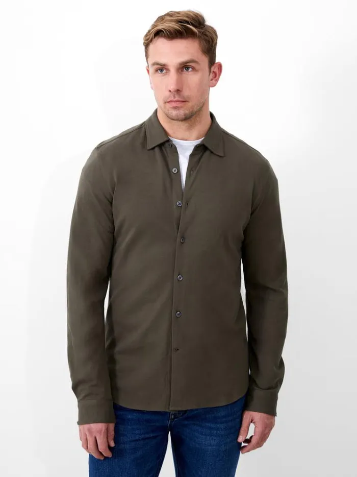 French Connection Shirts Long Sleeve Pique Jersey Shirt Olive 8211 Man