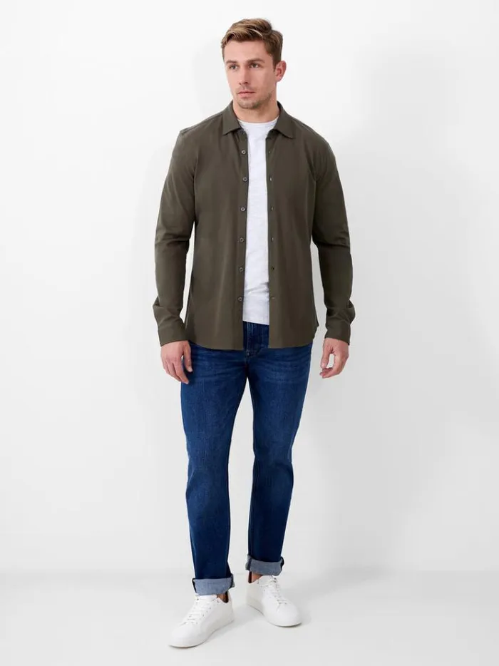 French Connection Shirts Long Sleeve Pique Jersey Shirt Olive 8211 Man