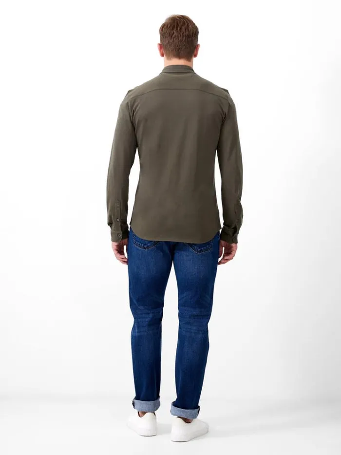 French Connection Shirts Long Sleeve Pique Jersey Shirt Olive 8211 Man
