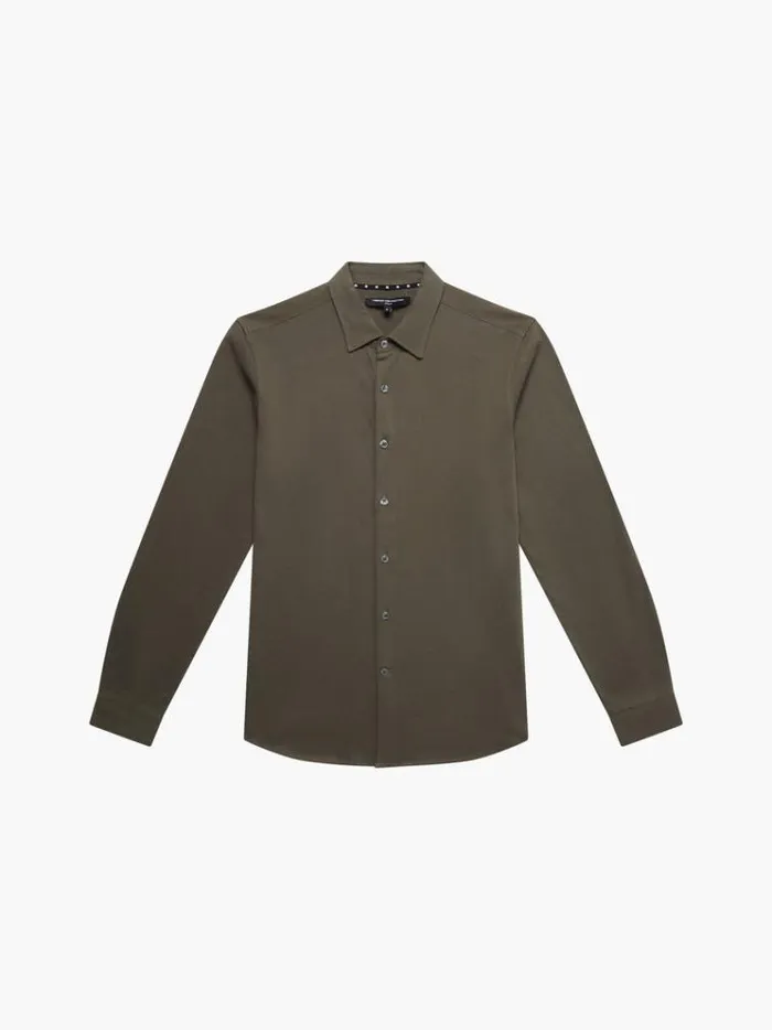 French Connection Shirts Long Sleeve Pique Jersey Shirt Olive 8211 Man