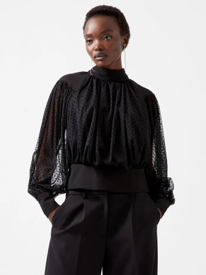 French Connection Tops Alice Dobby Chiffon Mix Long Sleeve Top Blackout 8211 Woman French Connection Tops Alice Dobby Chiffon Mix Long Sleeve Top Blackout 8211 Woman