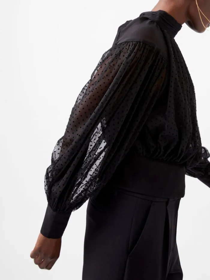 French Connection Tops Alice Dobby Chiffon Mix Long Sleeve Top Blackout 8211 Woman