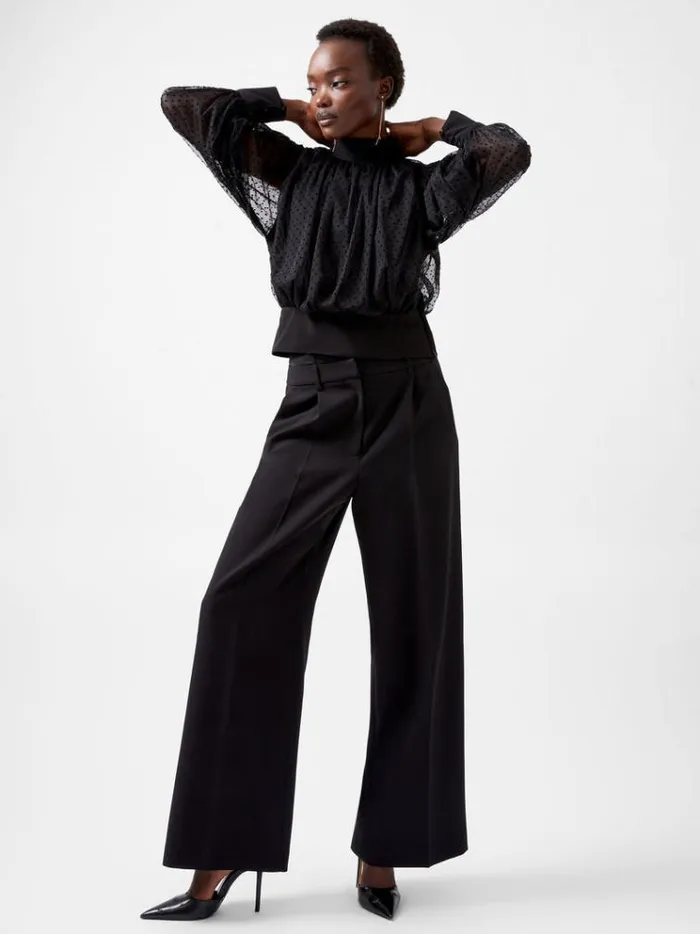 French Connection Tops Alice Dobby Chiffon Mix Long Sleeve Top Blackout 8211 Woman