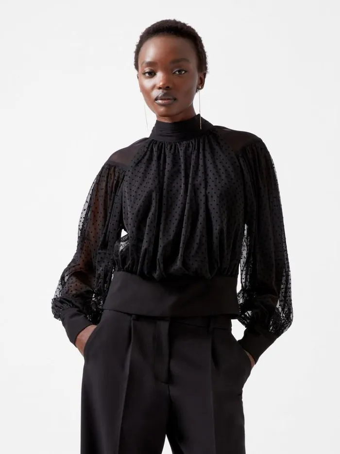 French Connection Tops Alice Dobby Chiffon Mix Long Sleeve Top Blackout 8211 Woman