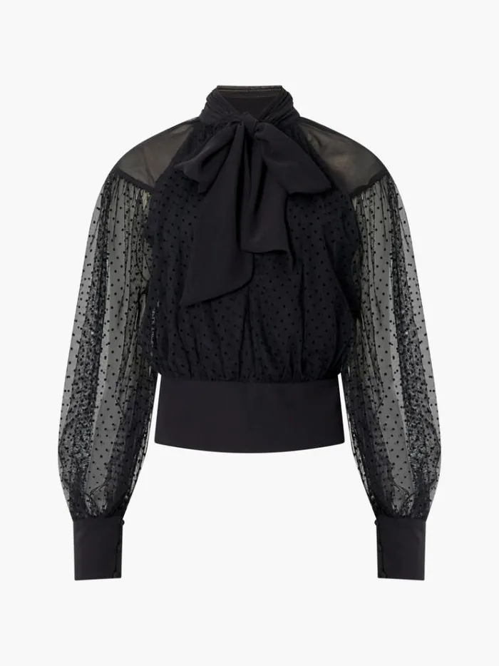 French Connection Tops Alice Dobby Chiffon Mix Long Sleeve Top Blackout 8211 Woman