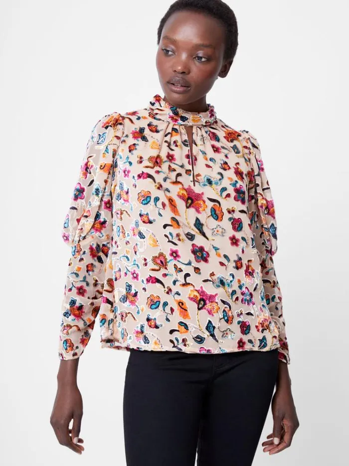 French Connection Tops Avery Devore Gathered Collar Keyhole Top Toasted Almond 8211 Woman French Connection Tops Avery Devore Gathered Collar Keyhole Top Toasted Almond 8211 Woman