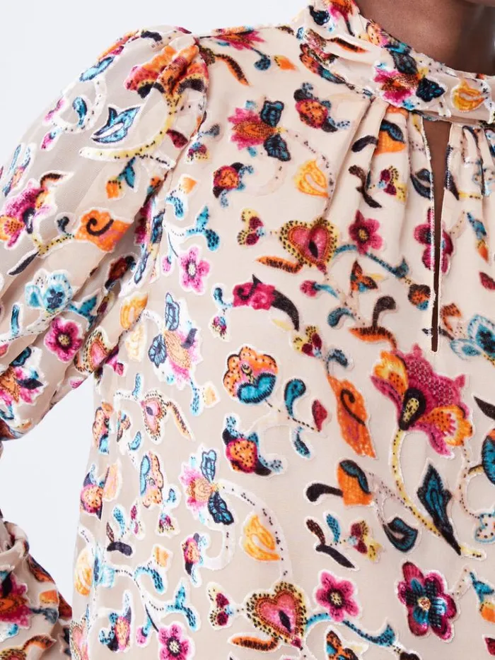 French Connection Tops Avery Devore Gathered Collar Keyhole Top Toasted Almond 8211 Woman