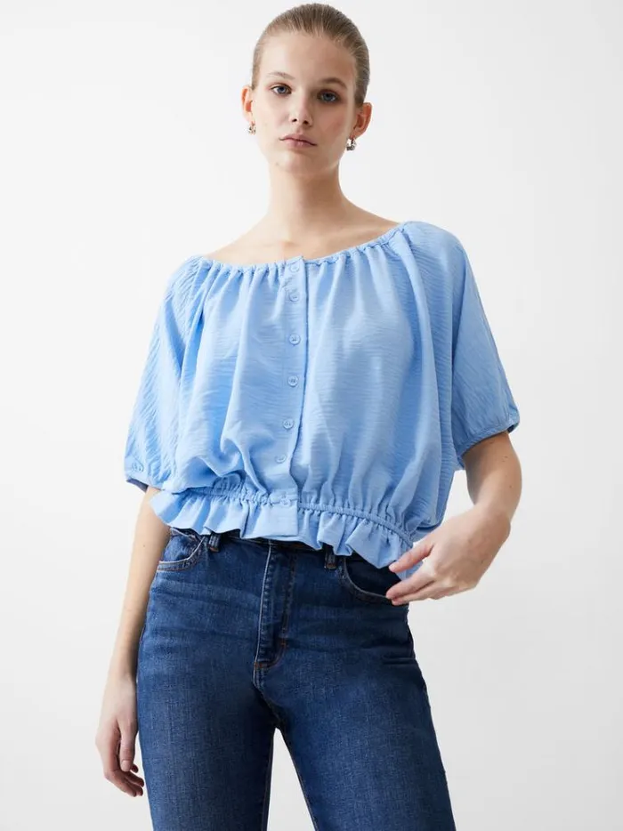 French Connection Tops Button Crinkle Peasant Top Placid Blue 8211 Woman