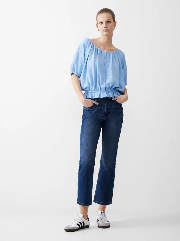 French Connection Tops Button Crinkle Peasant Top Placid Blue 8211 Woman