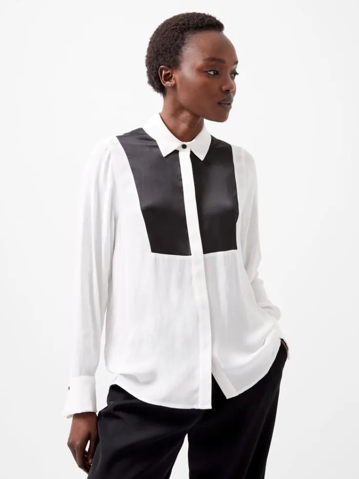 French Connection Tops Chiara Drape Satin Contrast Long Sleeve Shirt Linen Whiteblackout 8211 Woman