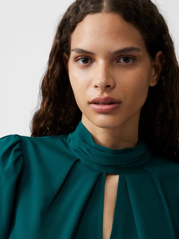 French Connection Tops Crepe Light High Neck Long Sleeve Top Forest Green 8211 Woman