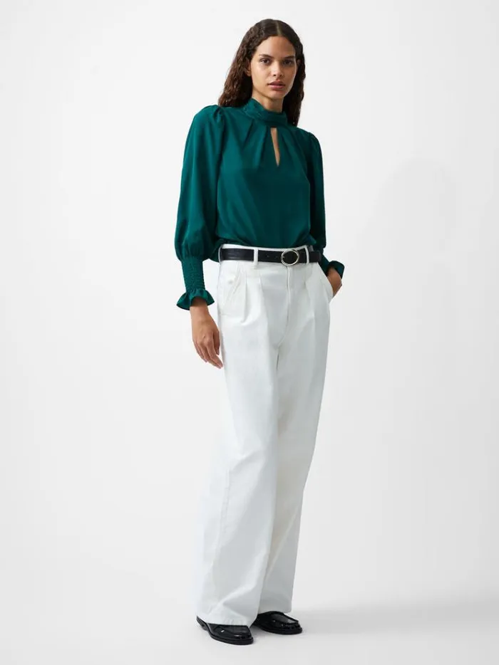 French Connection Tops Crepe Light High Neck Long Sleeve Top Forest Green 8211 Woman
