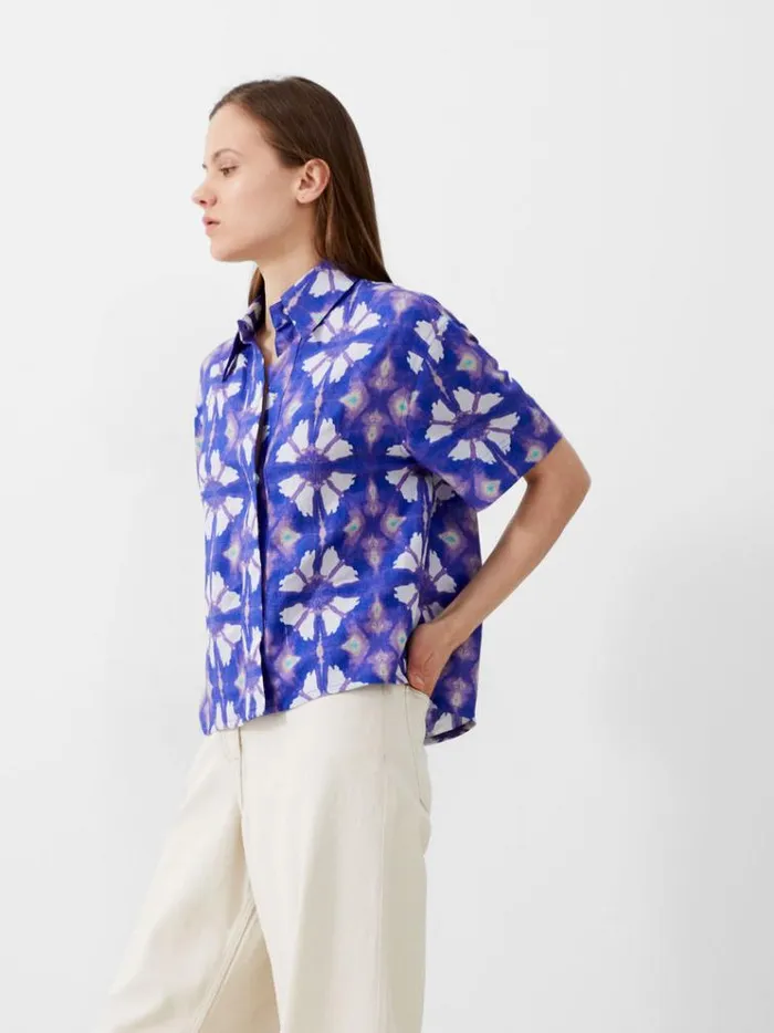French Connection Tops Dory Birdie Linen Short Sleeve Shirt Royal Blue 8211 Woman