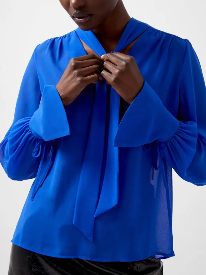French Connection Tops Eden Georgette Tie Neck Blouse Chroma Blue 8211 Woman